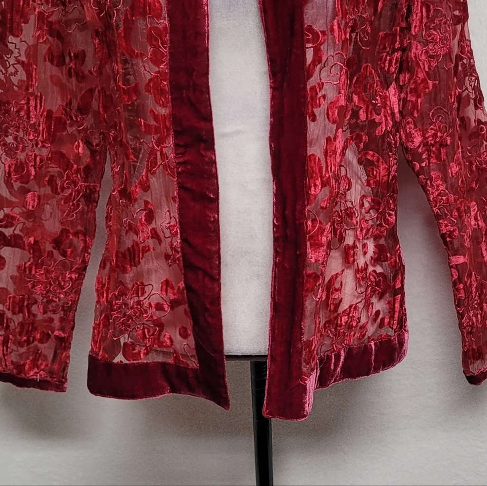 Chico's 90s Vintage Red Burnout Velvet Floral Sheer Mesh Open Front Cardi Jacket